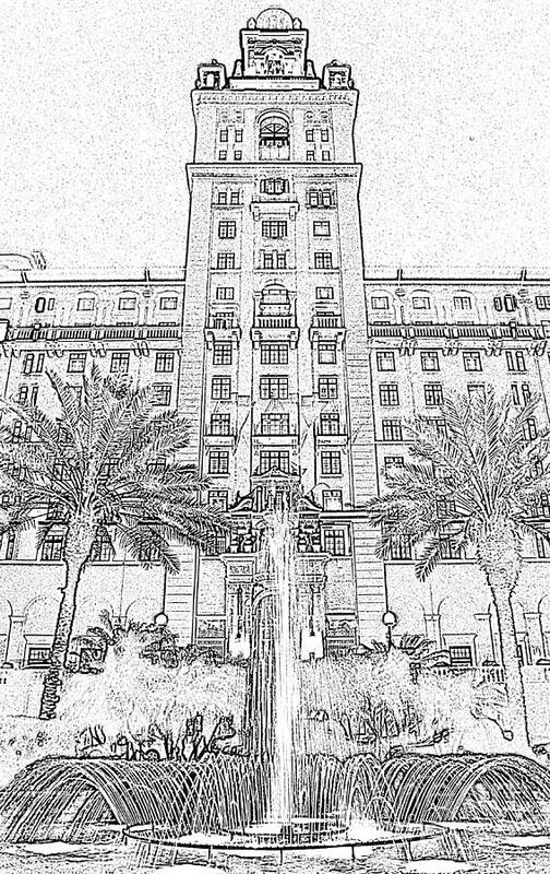 Biltmore Art Print featuring the digital art Biltmore Hotel Miami Coral Gables Florida Exterior Entrance Tower Black and White Digital Art by Shawn O'Brien