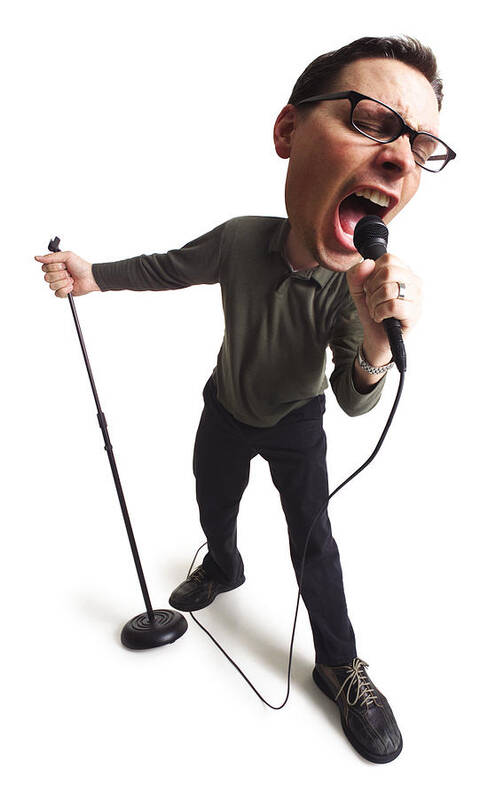 White Background Art Print featuring the photograph Caricature Of A Caucasian Male Singer As He Grabs The Microphone And Sings To His Hearts Delight by Photodisc