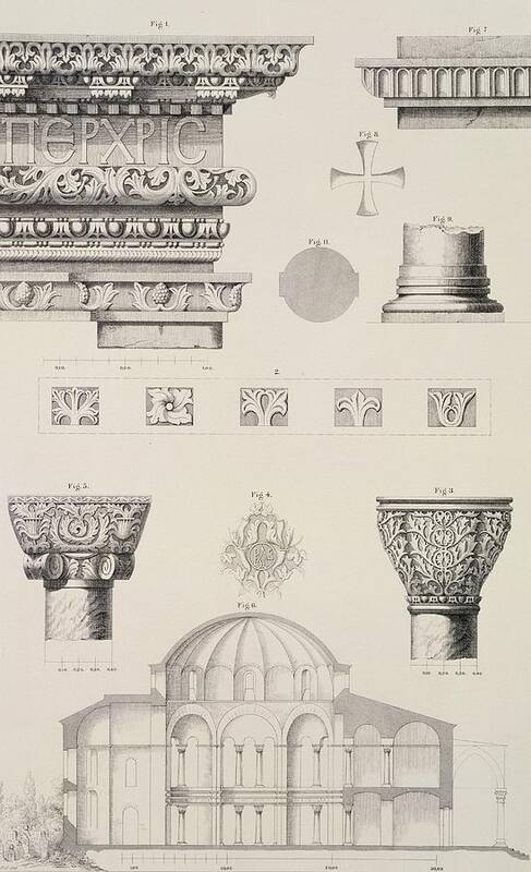 Byzantine; Capitals; Entablature; Decoration; Print; Istanbul; Turkey; Saint; Ss Art Print featuring the drawing Cross section and architectural details of Kutciuk Aja Sophia the church of Sergius and Bacchus by D Pulgher