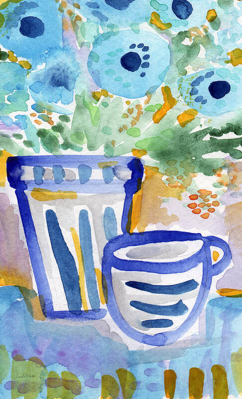 Blue And White Art Print featuring the painting Cups and Flowers- watercolor floral painting by Linda Woods