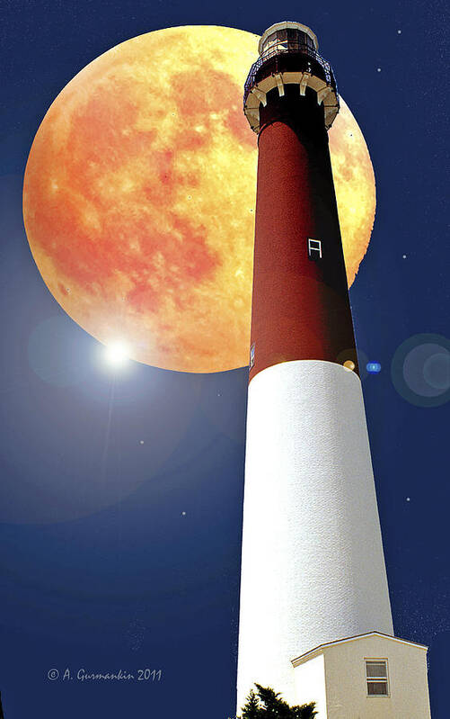 Lighthouse Art Print featuring the photograph Fantasy Lighthouse and Full Moon Poster Image by A Macarthur Gurmankin