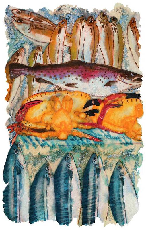 Watercolor Painting Art Print featuring the drawing Fish Market by Tess Stone