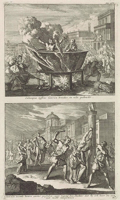 Early Christian Art Print featuring the painting Holy Eulampia And Her Brother Are Boiled Alive In Oil by Jan Luyken And Barent Visscher And Jacobus Van Hardenberg