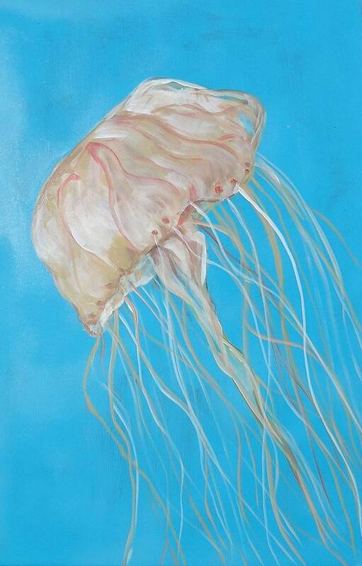 A Lone Jellyfish Under The Sea. Underwater Art Print featuring the painting Jelly Fish by Charme Curtin