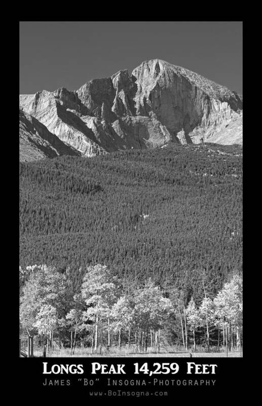 Colorado Art Print featuring the photograph Longs Peak 14259 Ft Black and White Poster by James BO Insogna