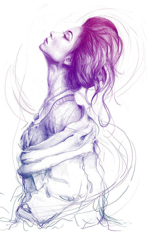 Pencil Portrait Art Print featuring the drawing Purple Fashion Illustration by Olga Shvartsur