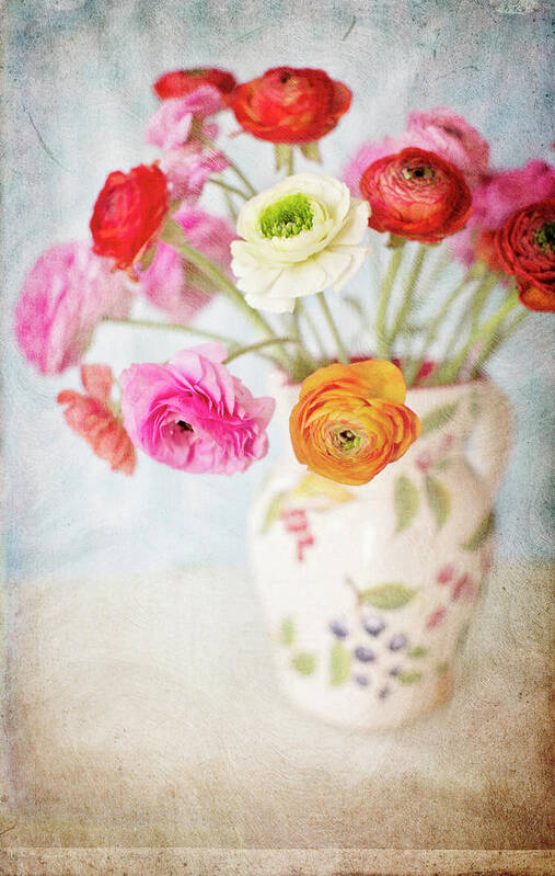 Vase Art Print featuring the photograph Mixed Ranunculus In Vase by Susangaryphotography