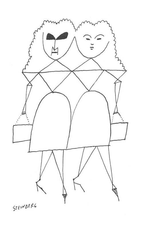 115410 Sst Saul Steinberg (two Women Comprised Of The Same Shapes Are Joined By The Shapes Like Siamese Twins.) Comprised Connected Joined Like Same Shapes Siamese Symmetrical Symmetry Together Triangles Twins Two Women Art Print featuring the drawing New Yorker July 13th, 1957 by Saul Steinberg