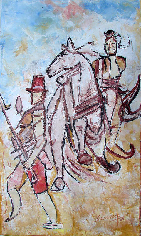 Paintings In Acrylics And Oils On --- Indian Saints Art Print featuring the painting Solder And Horse by Anand Swaroop Manchiraju