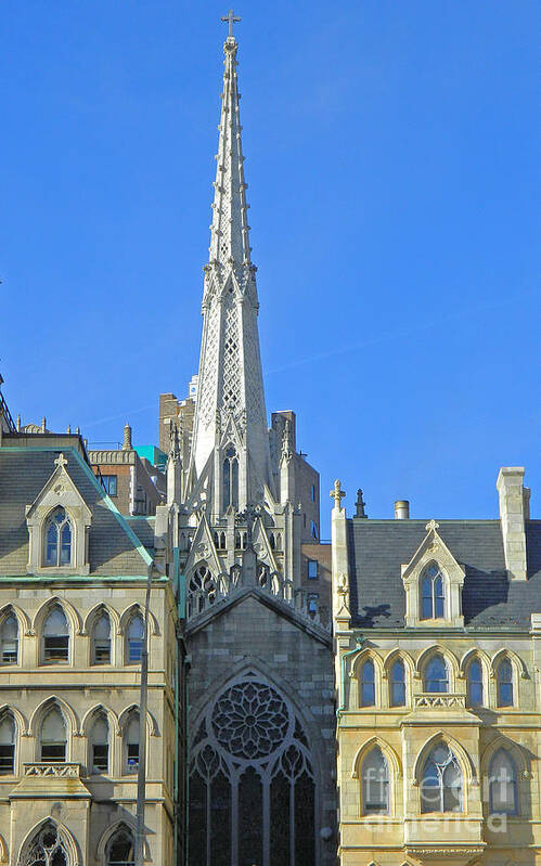 Steeples; Grace Episcopal Church Steeple In New York City Art Print featuring the photograph Steeple of Grace Episcopal Church NYC by Emmy Vickers