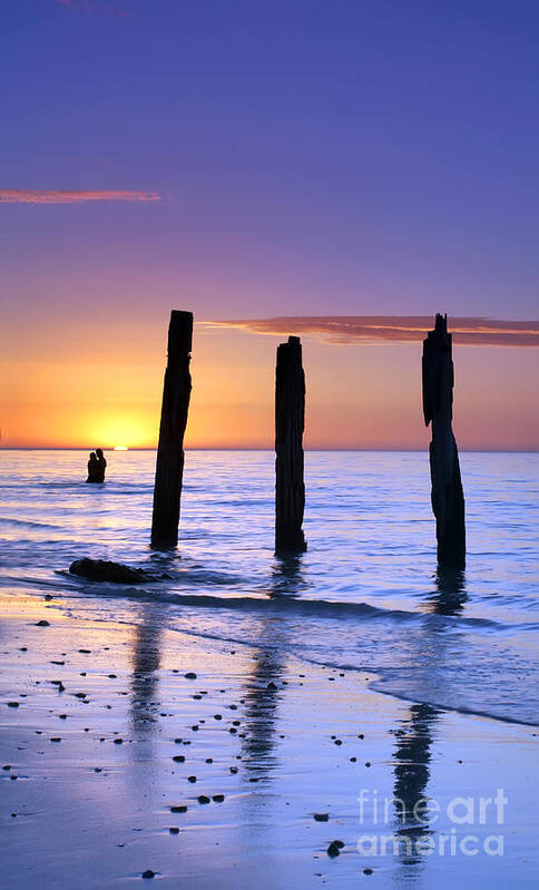 Sunset Jetty Ruin Pylons Beach Posts Port Willunga South Australia Seascape Australian Art Print featuring the photograph Sunset Romance by Bill Robinson