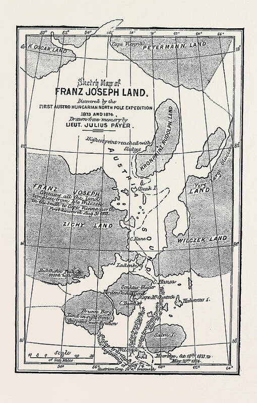 Austrian Art Print featuring the drawing The Austrian Polar Expedition, Map Of Franz Joseph Land by Austrian School