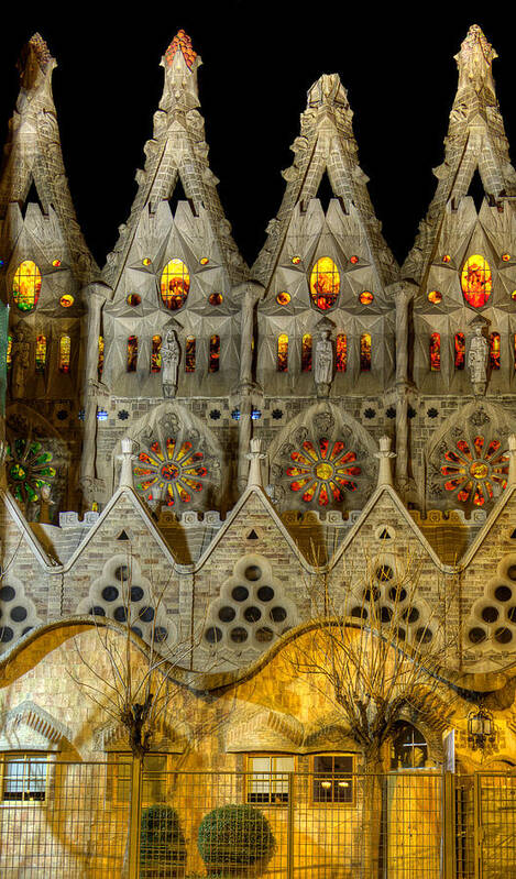 Sagrada Familia Art Print featuring the photograph Three tiers - Sagrada Familia at night - Gaudi by Weston Westmoreland