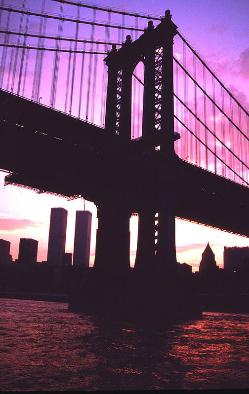 Sunset Art Print featuring the photograph Twin Towers Manhattan Bridge Purple by Tom Wurl