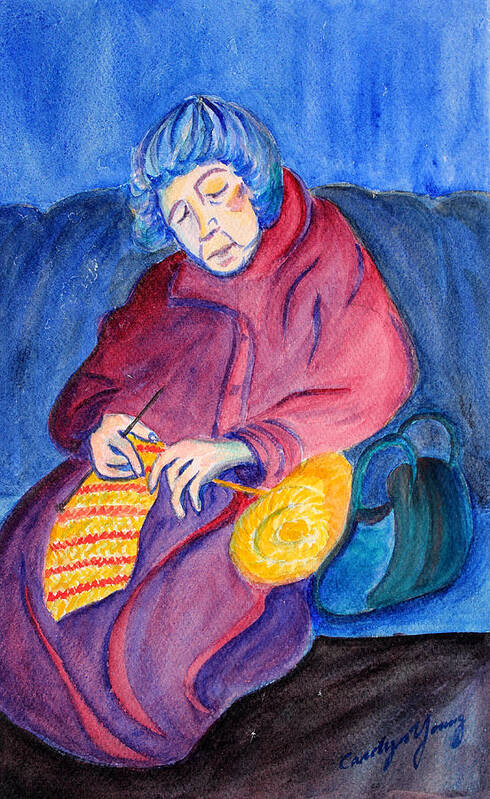 Portrait Painting Art Print featuring the painting Woman Knitting on the Subway by Asha Carolyn Young