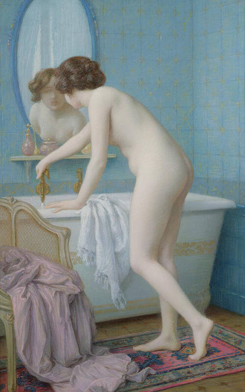 Mirror Art Print featuring the painting Young Woman Preparing her Bath by Jules Scalbert