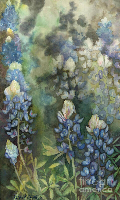 Bluebonnet Blue Flower Floral Texas Lone Star State Whimsical Art Print featuring the painting Bluebonnet Blessing by Karen Kennedy Chatham