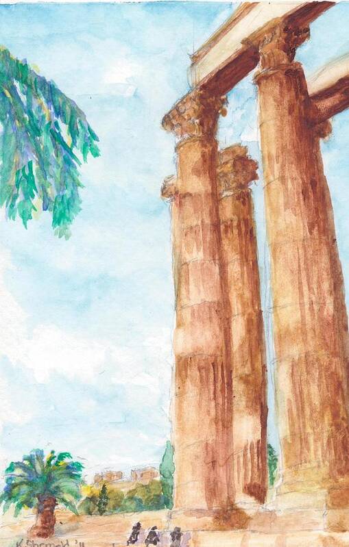 Zeus Art Print featuring the painting Temple of Zeus in Athens Greece by Katherine Shemeld