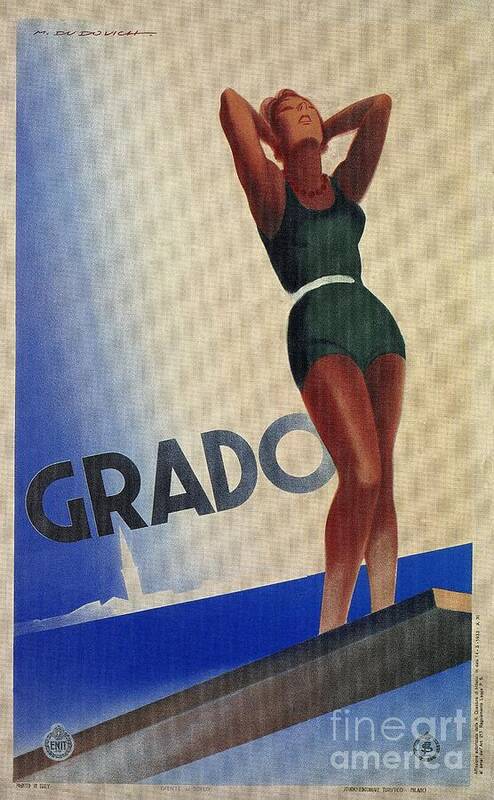Vintage Art Print featuring the digital art Grado Italy pin up Vintage Italian travel advertising by Heidi De Leeuw