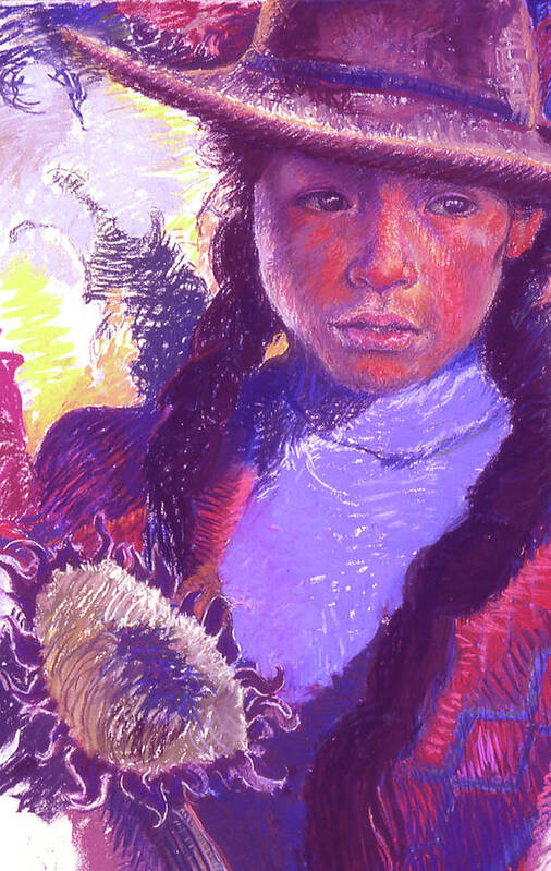 Peru Art Print featuring the pastel Peruvian Girl with Sunflower #1 by Ellen Dreibelbis