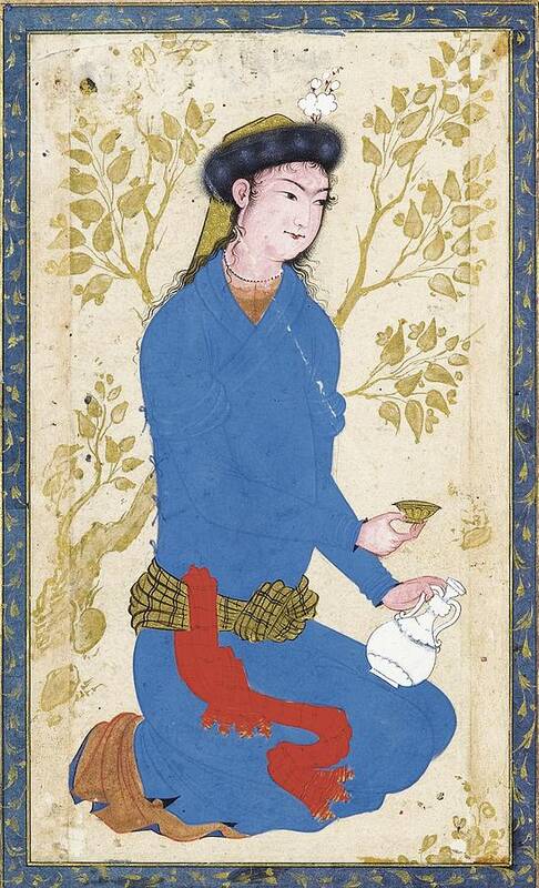 A Youth With Bottle And Cup Art Print featuring the painting A Youth with Bottle and Cup by Reza-i 'Abbasi