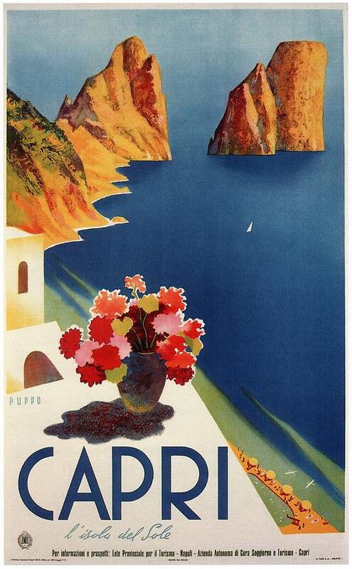 Capri Island Naples Italy Flowers Bay Sea Mountains Water Tourism Lithograph Retro Advertising Poster Poster Wall Art Vintage Retro Travel 1920 Retro Travel Art Retro Poster Vintage Poster Poster Print Travel Poster Illustrated Poster Gifts Illustration Buy Art Online Vintage Travel Poster Affiche Bauhaus Art Nouveau Art Deco 1920 Poster Vintage Decor Classical European Vintage Posters Best Seller Affiche Vintage Office Decor Modern Wall Decor Home Decor Art Print featuring the mixed media Capri Island, Bay of Naples, Italy - Retro travel Poster - Vintage Poster by Studio Grafiikka
