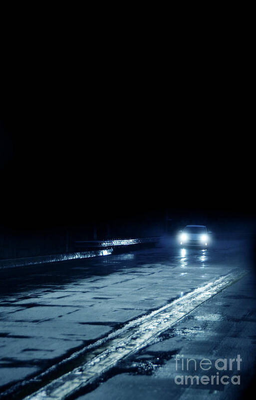 Car Art Print featuring the photograph Car On a Rainy Highway at Night by Jill Battaglia