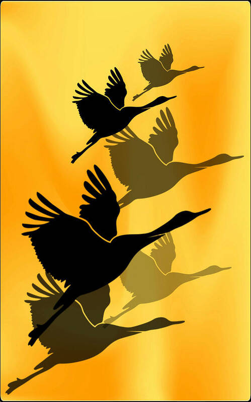 Cranes Art Print featuring the digital art Cranes in flight by Rumiana Nikolova