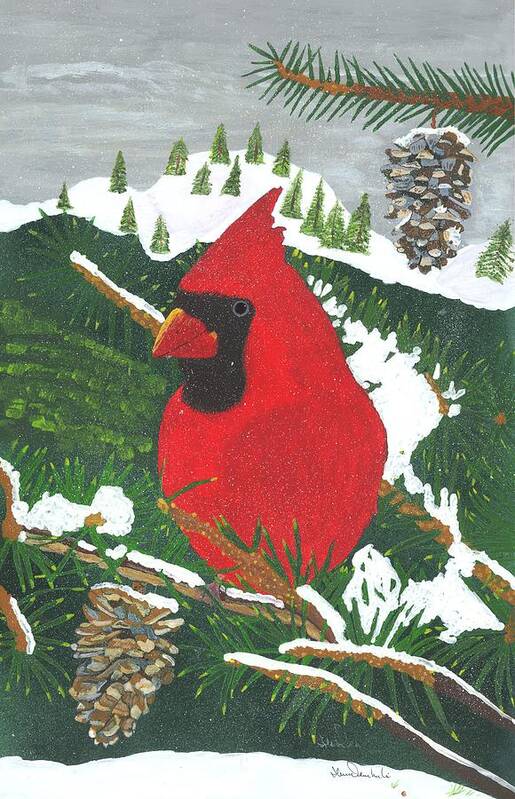 Red Cardinal Art Print featuring the painting First Snow by William Demboski