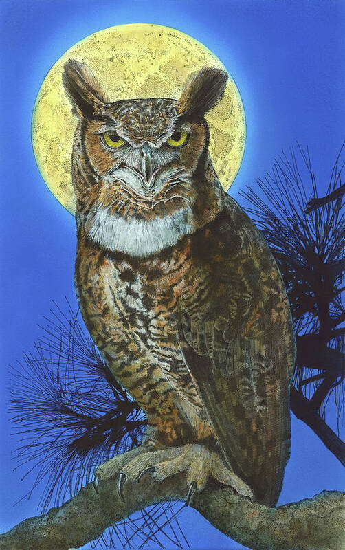 Great Horned Owl Art Print featuring the painting Great Horned Owl 2 by John Dyess