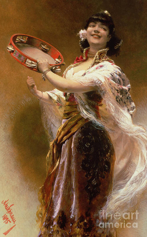 Gypsy Girl With A Tambourine Art Print featuring the painting Gypsy Girl with a Tambourine by Alois Hans Schram