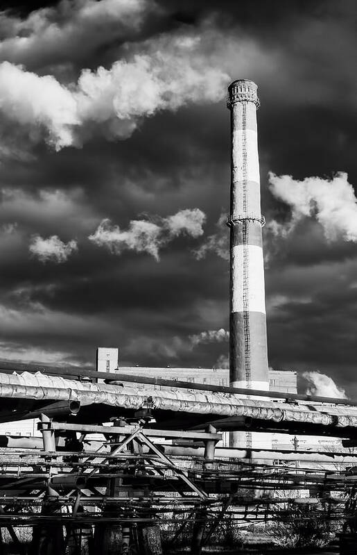 Industrial Chimney Art Print featuring the photograph Huge Industrial Chimney and Smoke in Black and White by John Williams