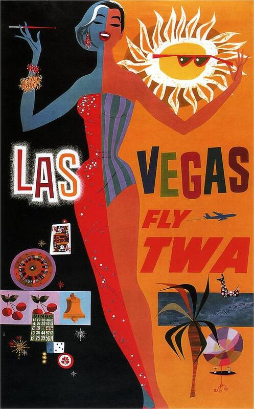 Travel Poster Art Print featuring the mixed media Las Vegas, Fly Twa - Retro travel Poster - Vintage Poster by Studio Grafiikka
