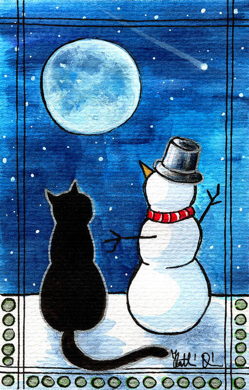 Moon Watching With Snowman Art Print featuring the painting Moon Watching With Snowman - Christmas Cat by Dora Hathazi Mendes