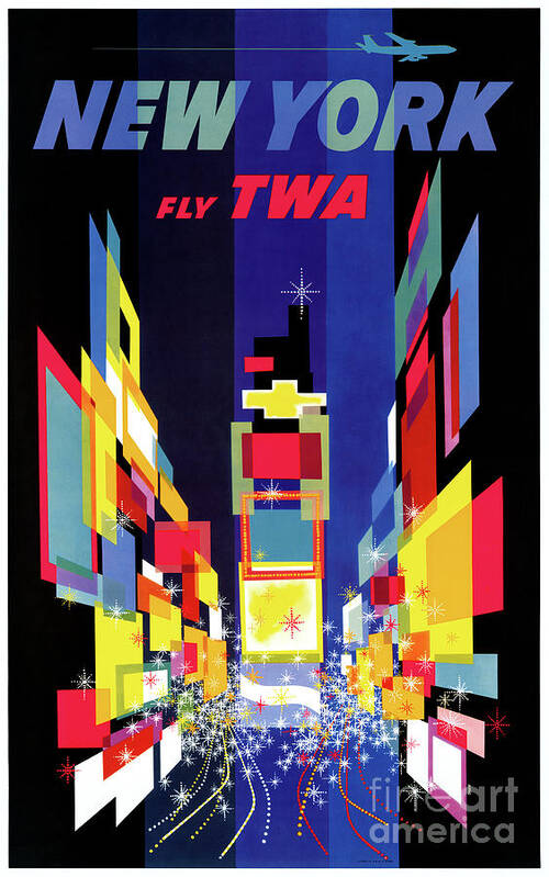  Vintage Art Print featuring the drawing New York Fly TWA Vintage Air Line Travel Poster Restored by Vintage Treasure