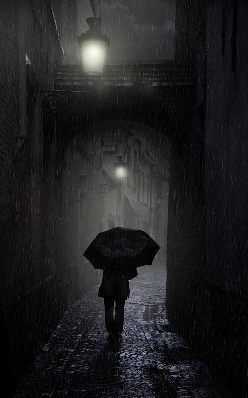 Street Art Print featuring the photograph Night walk in the rain by Jaroslaw Blaminsky