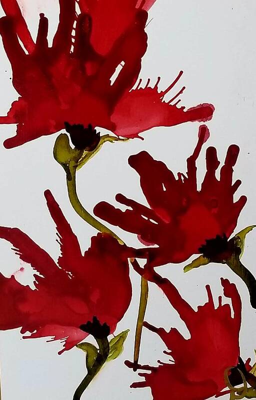 Red Art Print featuring the painting Poppies by Donna Perry