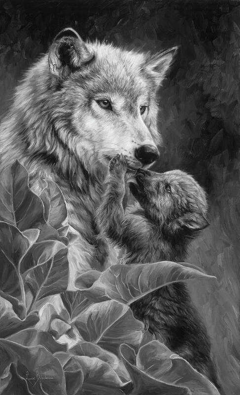 Wolf Art Print featuring the painting Precious Moment - Black and White by Lucie Bilodeau