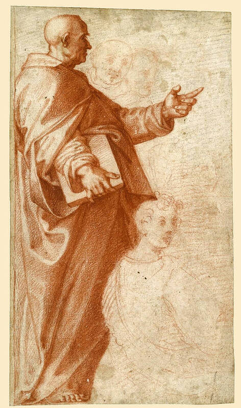 Baccio Bandinelli Art Print featuring the drawing Profile Study of a standing Saint holding a Book with subsidiary Studies of three additional Figures by Baccio Bandinelli