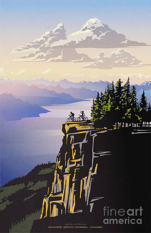Cycling Art Print featuring the digital art Retro Beautiful BC Travel poster by Sassan Filsoof
