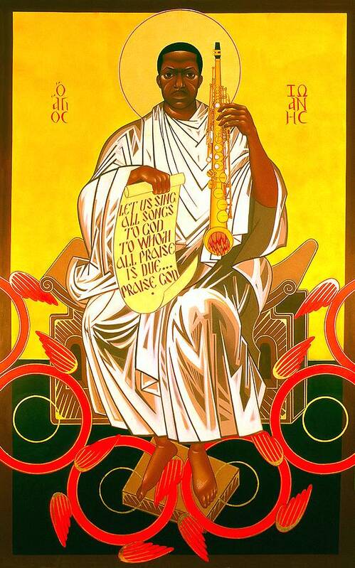 Saint John Coltrane Enthroned. Saint John Coltrane Icon Art Print featuring the painting Saint John Coltrane Enthroned by Mark Dukes