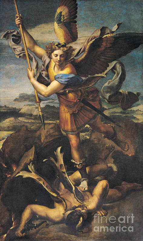Michael Art Print featuring the painting Saint Michael Overwhelming the Demon by Raphael