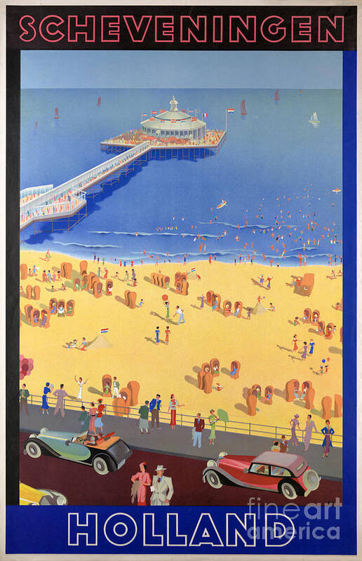 Vintage Travel Art Print featuring the painting Scheveningen in Holland Vintage Travel Poster Restored by Vintage Treasure