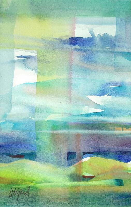 Utigard Watercolor Abstract Art Painting Modern Design Window Modular Strength Heal Empower Women Growth Spirit Form Color Line Texture Pattern Sky Vista Blue Green Hills Mountain Portrait Cloud Calm Peace Vision Cozy Art Print featuring the painting Sky Window 2 by Carolyn Utigard Thomas