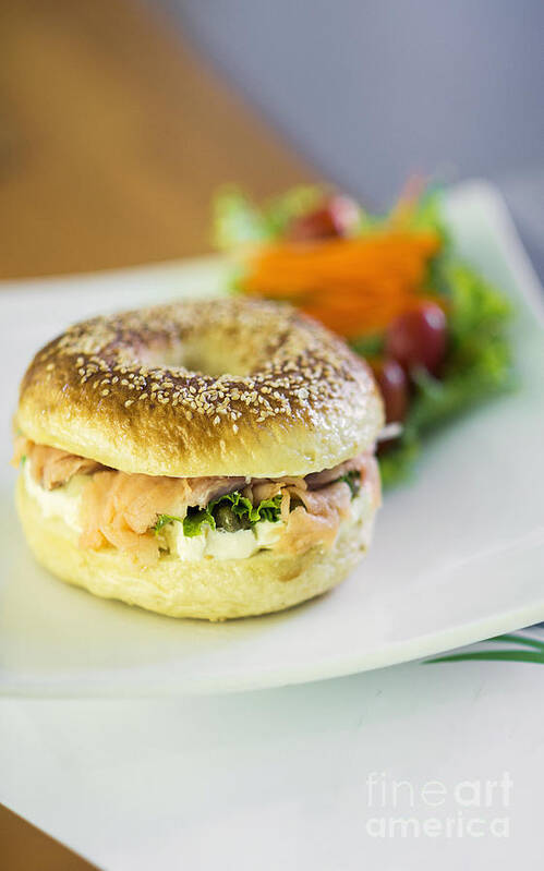 Bagel Art Print featuring the photograph Smoked Salmon And Cream Cheese Bagel by JM Travel Photography