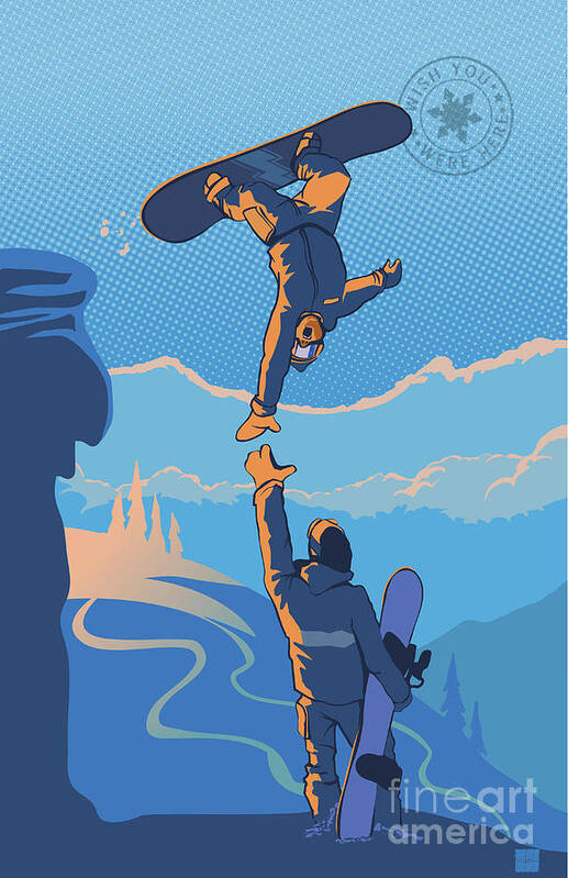 Snowboarding Art Print featuring the painting Snowboard High Five by Sassan Filsoof