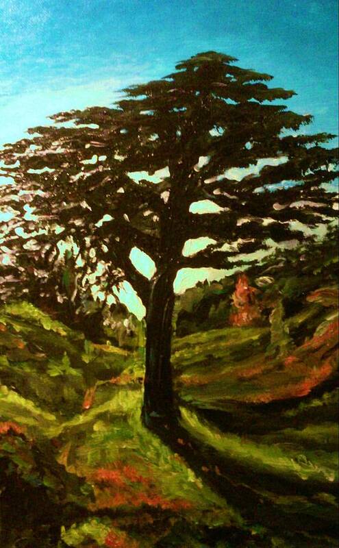 Landscape Art Art Print featuring the painting The Cedar Tree Against the Blue by Ray Khalife
