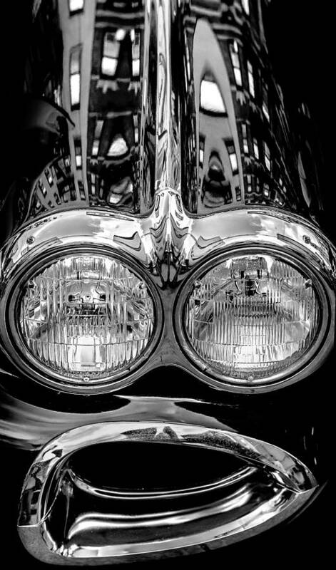 288 Vette Black And White Abstract Contemplative Commercial Industrial Urban Headlights Chrome Reflection Reflections Circle Circles Manhattan Ny Nyc New York City Us Usa America Street B&w Monochrome Vertical Tall Dimensionality Bold Dynamic Hyperreality Graphical Graphic Vibrant Vivid Luminous Brown Blue Metallic Dramatic Drama Power Powerful Citysteve Steven Maxx Photography Photo Photographs Automotive Art Print featuring the photograph Vette - Black and White by Steven Maxx