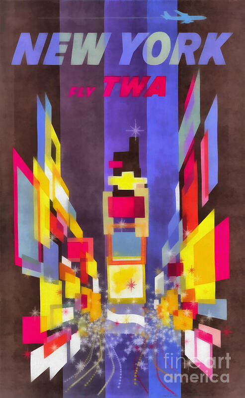 Times Art Print featuring the painting Vintage New York Fly TWA Times Square by Edward Fielding