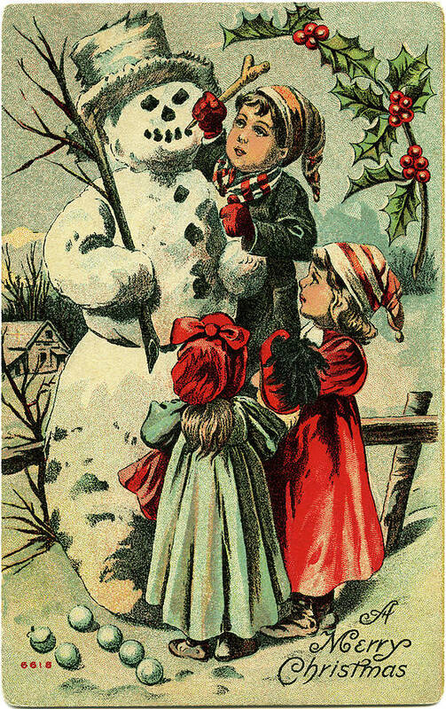 Christmas Art Print featuring the painting Vintage Snowman and Children by Artist Unknown